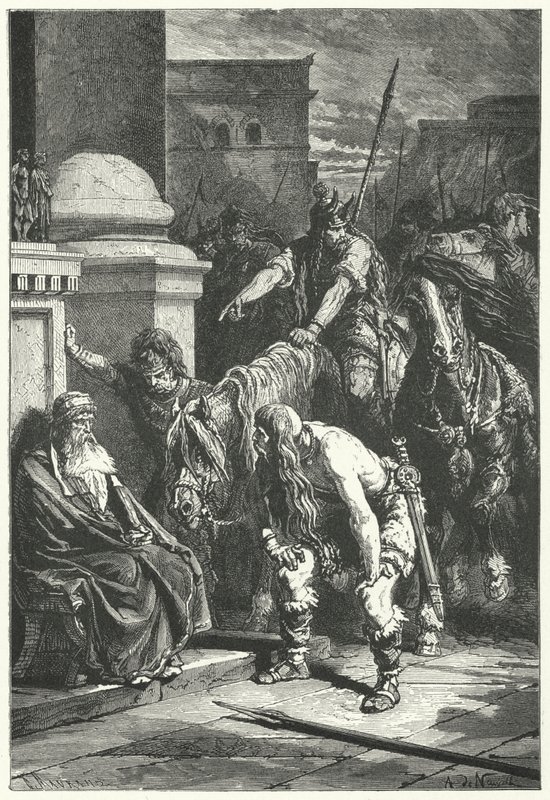 Rooman konsulin Marcus Papiriuksen kuolema Rooman gallilaisessa säkissä, 387 eKr. (kaiverrus) tekijältä Alphonse Marie de (after) Neuville