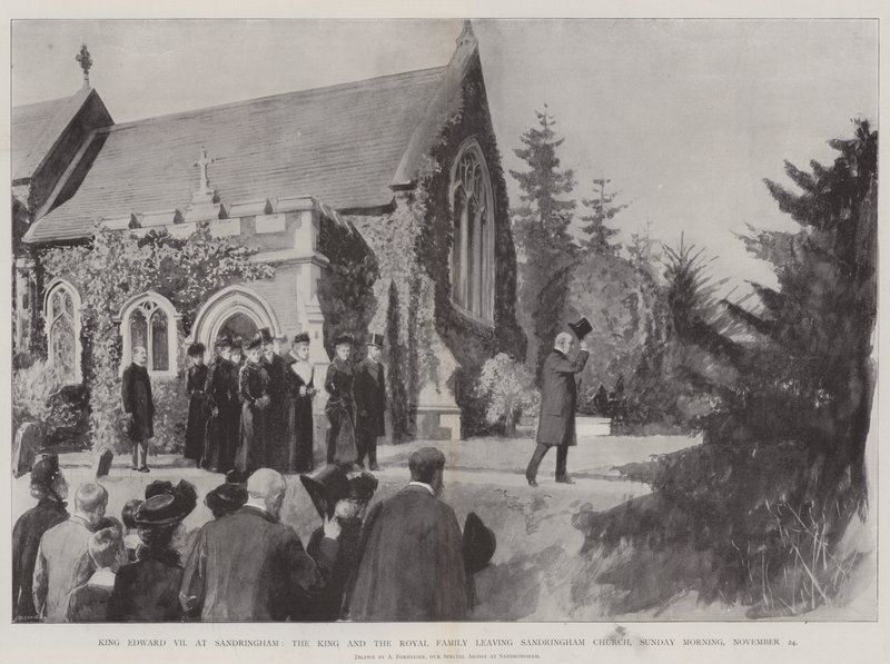 Kuningas Edward VII Sandringhamissa, kuningas ja kuninkaallinen perhe lähtevät Sandringhamin kirkosta sunnuntaiaamuna 24. marraskuuta tekijältä Amedee Forestier