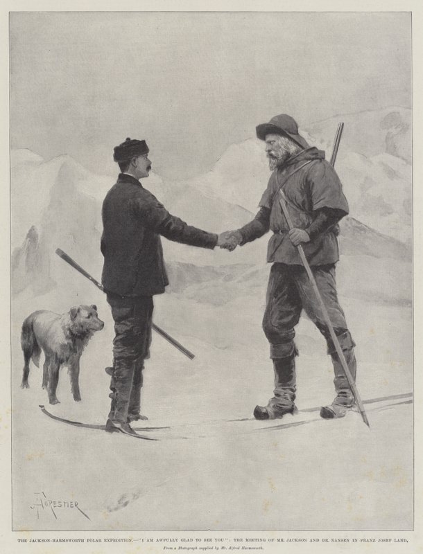 Jackson-Harmsworth Polar Expedition, olen hirveän iloinen nähdessäni sinut, herra Jacksonin ja tohtori Nansenin tapaaminen Franz Josef Landissa tekijältä Amedee Forestier
