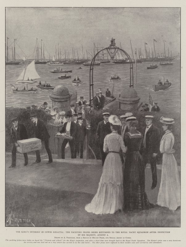 Kuninkaan kiinnostus Cowes Regattaa kohtaan, purjehduspalkinnot palautetaan Royal Yacht Squadronille Hänen Majesteettinsa tarkastuksen jälkeen 2. elokuuta tekijältä Amedee Forestier