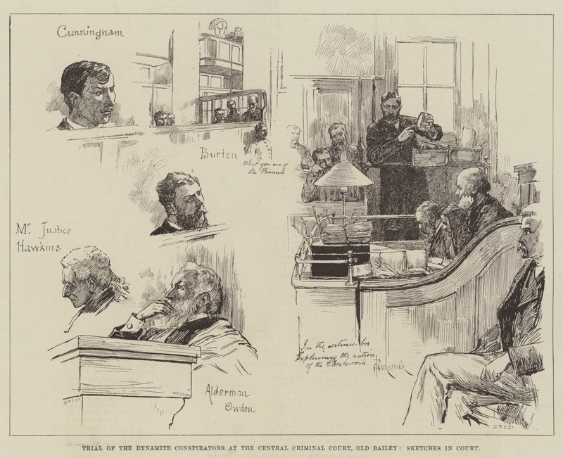 Dynamite Conspirators -oikeudenkäynti Central Criminal Courtissa, Old Bailey, Sketches in Court tekijältä Amedee Forestier