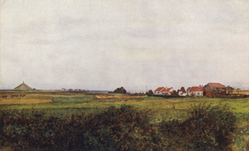 La Belle Alliancen maatila ja belgialaisen leijonan, Waterloo, valloittama Mound tekijältä after Amedee Forestier
