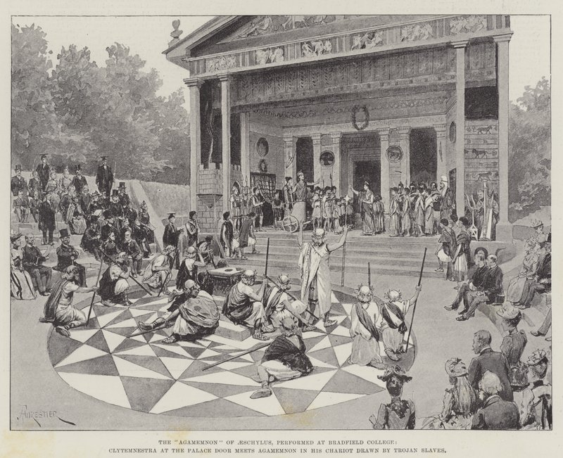 Aischyloksen "Agamemnon", esitetty Bradfield Collegessa, Clytemnestra palatsin ovella tapaa Agamemnonin hänen Troijan orjiensa piirtämässä vaunussa (litho) tekijältä Amedee (after) Forestier