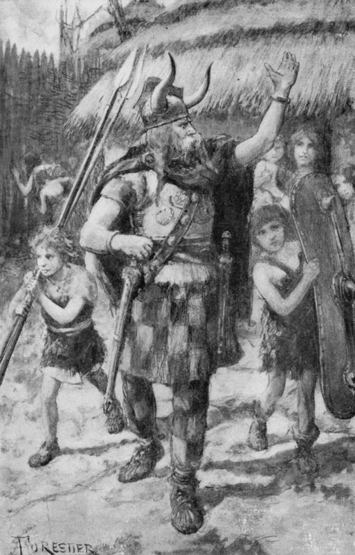 Erään Britannian kylän kelttiläiset asukkaat lähtivät ajamaan pois hyökkäävät teutonit (litho) tekijältä Amedee (after) Forestier