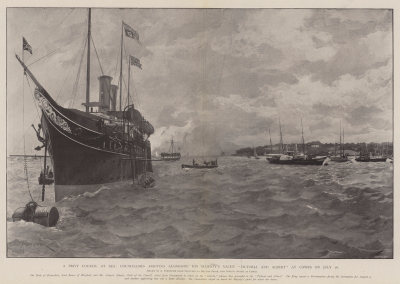 Salainen neuvosto merellä, neuvoston jäsenet saapuvat Hänen Majesteettinsa Yacht Victorian ja Albertin kanssa Cowesiin 26. heinäkuuta tekijältä Amedee Forestier