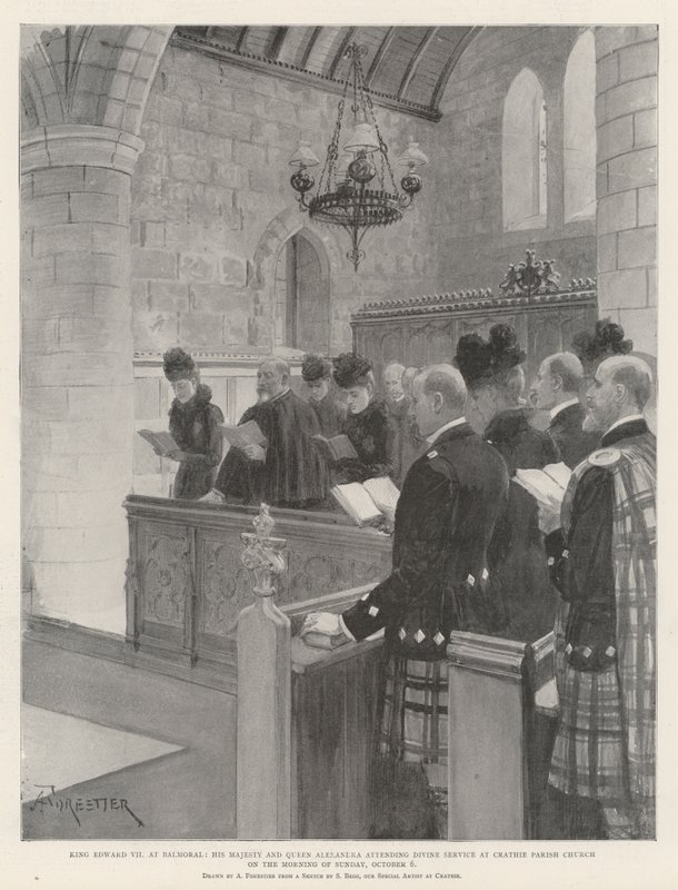 Kuningas Edward VII Balmoralissa, Hänen Majesteettinsa ja kuningatar Alexandra jumalanpalveluksessa Crathien seurakunnan kirkossa sunnuntaiaamuna 6. lokakuuta tekijältä Amedee Forestier