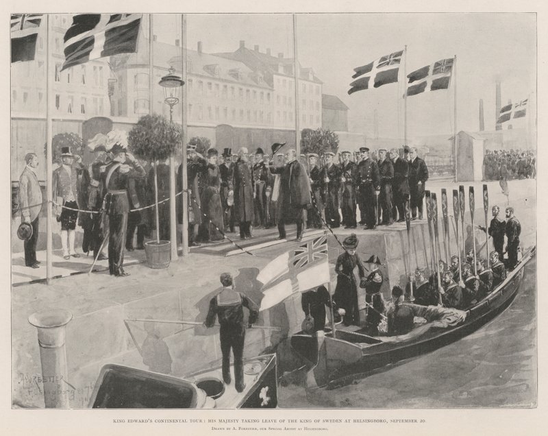 Kuningas Edwardin mannerkierros, Hänen Majesteettinsa lähtemässä Ruotsin kuninkaalta Helsingborgissa, 20. syyskuuta tekijältä Amedee Forestier