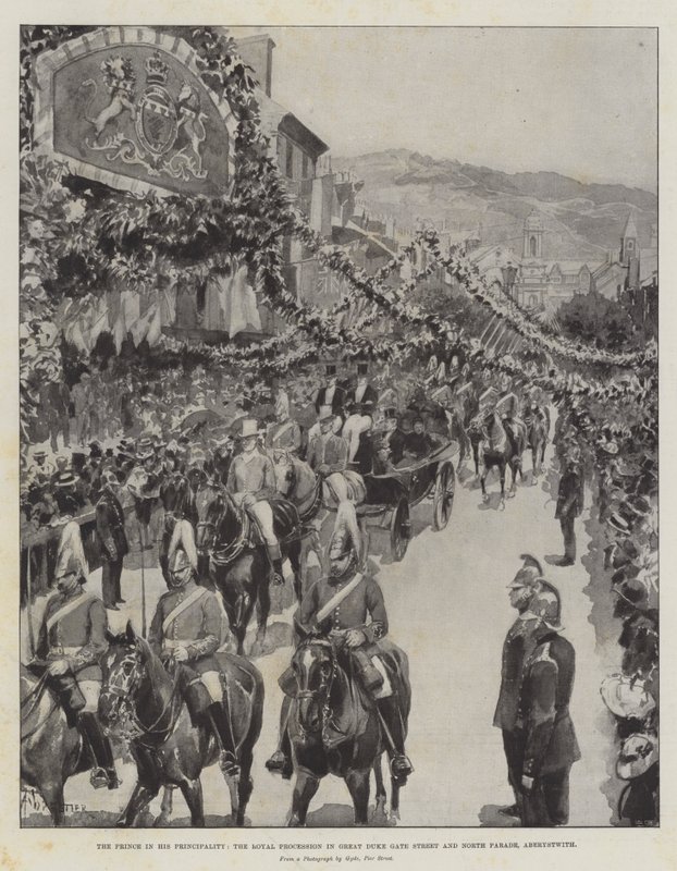 Prinssi ruhtinaskuntassaan, kuninkaallinen kulkue Great Duke Gate Streetillä ja North Parade, Aberystwyth tekijältä Amedee Forestier