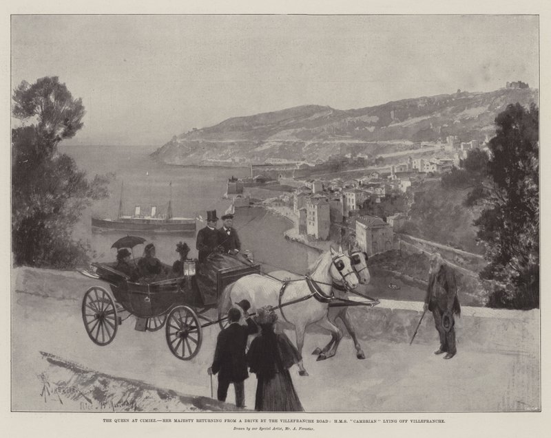 Kuningatar Cimiezissä, Hänen Majesteettinsa palaamassa Drive by Villefranche Roadilta, HMS Cambrian makaamassa Villefranchella tekijältä Amedee Forestier