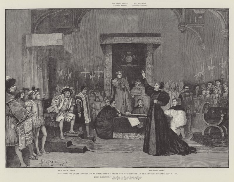 Kuningatar Katharinen oikeudenkäynti Shaksperen Henry VIII:ssa, tuotettu Lyceum Theatressa, 5. tammikuuta 1892 tekijältä Amedee Forestier