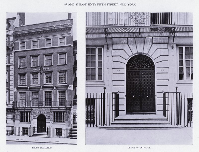 Charles A Platt: 47 ja 49 East Sixty-Fifth Street, New York, etukorkeus, sisäänkäynnin yksityiskohta (m/w kuva) tekijältä American Photographer (after)