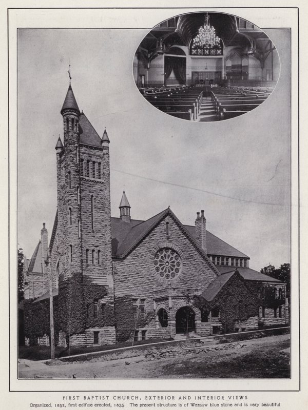 Jamestown, NY: Ensimmäinen baptistikirkko, ulko- ja sisänäkymät (m/w kuva) tekijältä American Photographer (after)