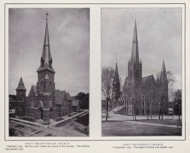 Jamestown, NY: First Presbyterian Church; Ensimmäinen metodistikirkko (m/w kuva) tekijältä American Photographer (after)