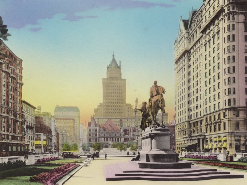 New York: Fifth Avenue ja Plaza; Heckscher Bldg; Gen Shermanin patsas; Hotel Plaza (kuva) tekijältä American Photographer (after)