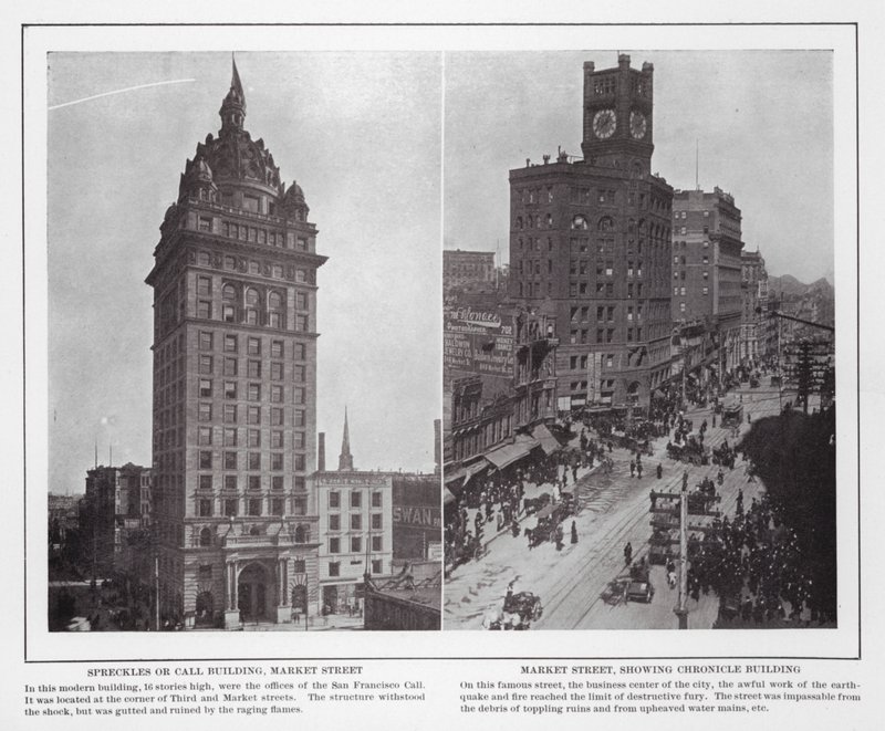 San Francisco: Spreckles tai Call Building, Market Street; Market Street, esillä Chronicle Building (m/w kuva) tekijältä American Photographer (after)
