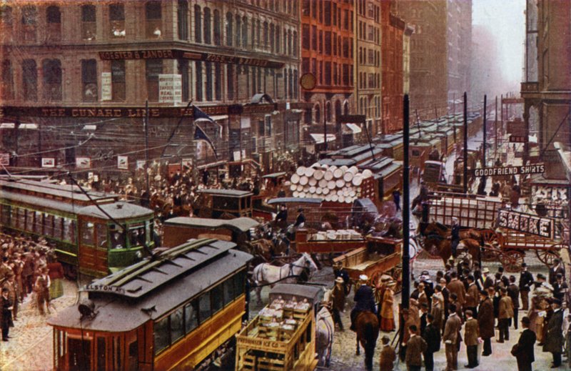 Kiireinen päivä Dearborn ja Randolph Streets -kaduilla (värikuva) tekijältä American Photographer