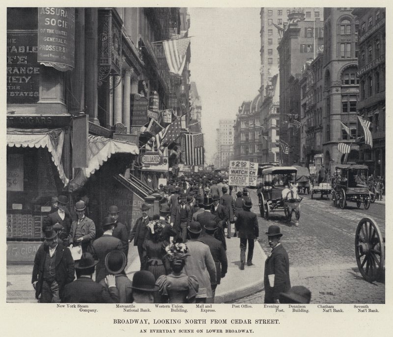 Broadway, katsoen pohjoiseen Cedar Streetiltä (m/w kuva) tekijältä American Photographer