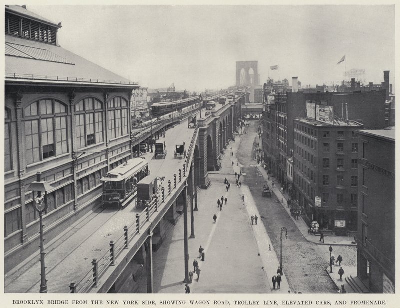 Brooklyn Bridge New Yorkin puolelta, jossa näkyy Wagon Road, Trolley Line, Elevated Cars ja Promenade (m/w kuva) tekijältä American Photographer