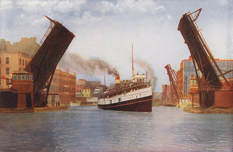 Chicago: State Street Bascule Bridge nostetaan retkihöyrylaivaa varten (värikuva). tekijältä American Photographer