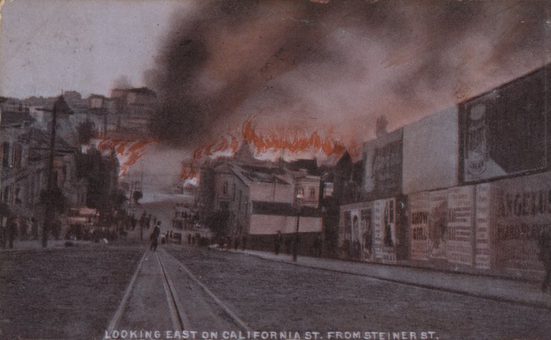 San Franciscon maanjäristyksen 1906 jälkeiset tulipalot (värillinen kuva) tekijältä American Photographer