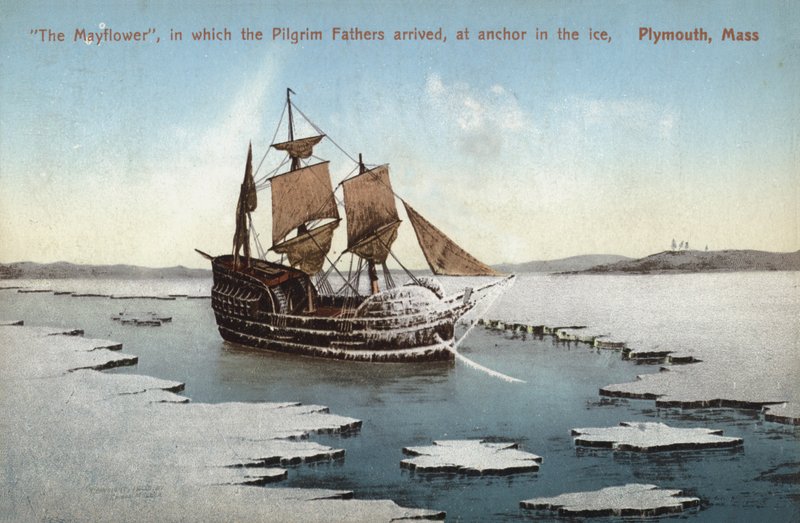 Mayflower, jolla pyhiinvaeltajaisät saapuivat, ankkurissa jäässä, Plymouth, Massachusetts (värillinen kuva). tekijältä American Photographer