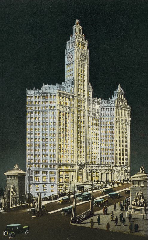 Wrigley-rakennus, etelä- ja pohjoinen osa, yöllä (värillinen kuva) tekijältä American Photographer