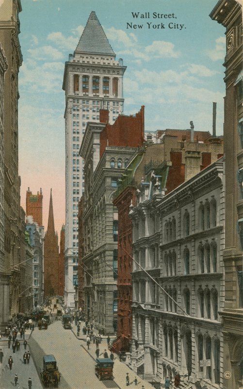 Wall Street, New York City. Postikortti lähetetty 1913. tekijältä American Photographer
