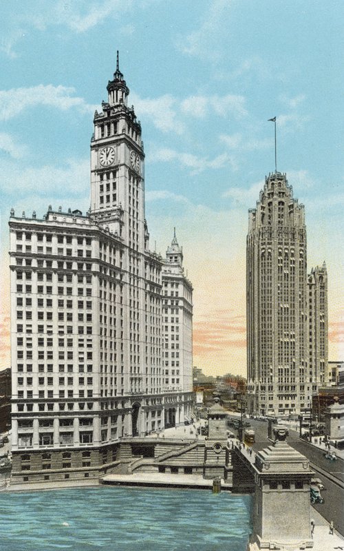 Wrigley Building ja Tribune Tower (värillinen kuva) tekijältä American Photographer