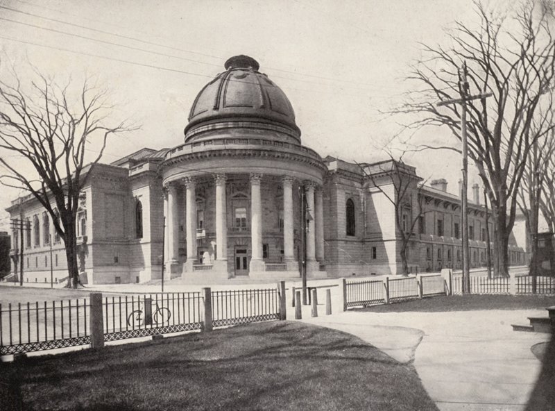 Yalen yliopisto: "Woolsey Hall vasemmalla, Yalen ruokasali oikealla (s/w kuva). tekijältä American Photographer