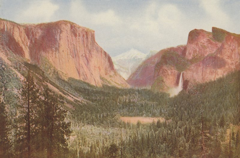 Yosemiten laakso, Kalifornia, yleisnäkymä Artists Pointista (värillinen kuva) tekijältä American Photographer