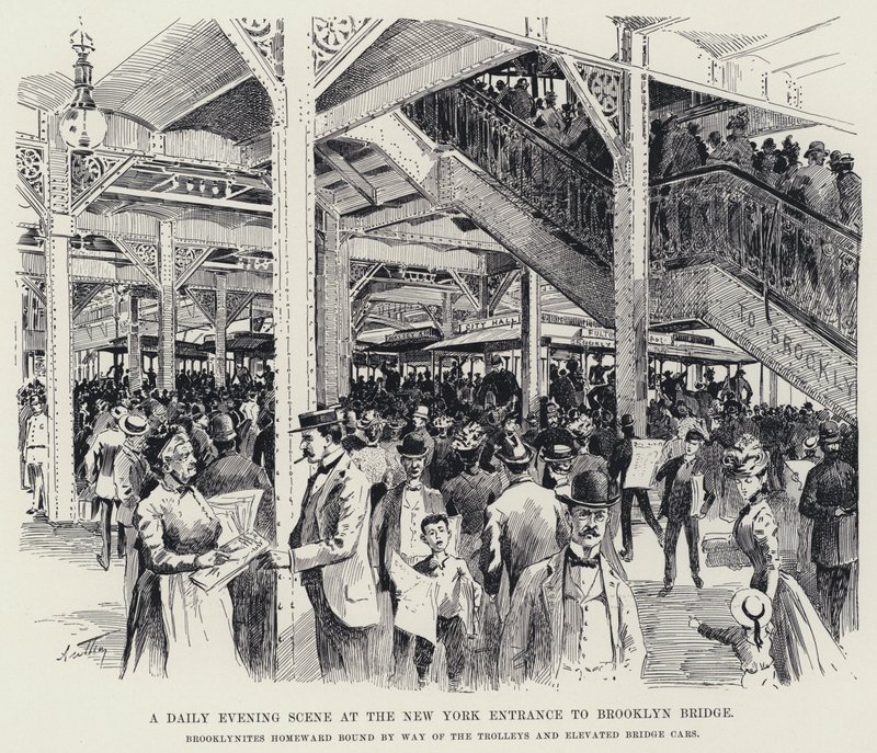 Päivittäinen iltakohtaus New Yorkin sisäänkäynnillä Brooklyn Bridgelle (litho) tekijältä American School