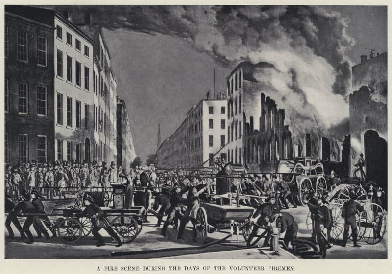 Palopaikka Vapaaehtoisten palomiesten päivinä (litho) tekijältä American School