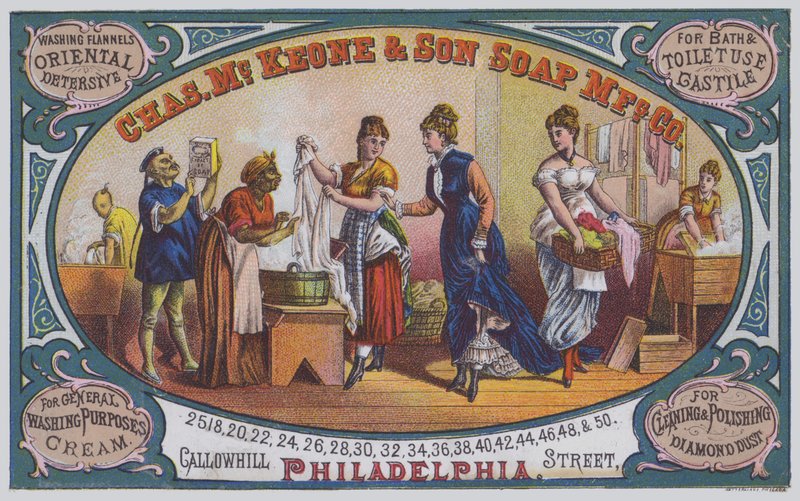 Mainos Charles McKeone & Son Soap Manufacturing Companylle, Philadelphia, Pennsylvania, USA (värilitho) tekijältä American School