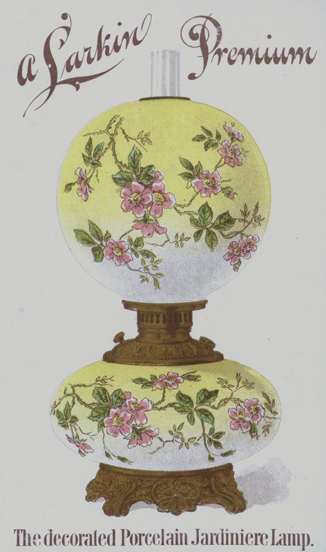 Mainos Larkin Premium -koristeellisista posliinisista jardiniere-valaisimista (chromolitho) tekijältä American School