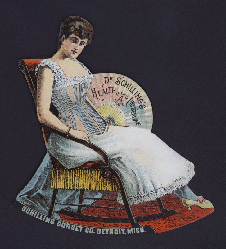 Mainos Schilling Corset Companylle, Detroit, Michigan, USA (värilitho) tekijältä American School