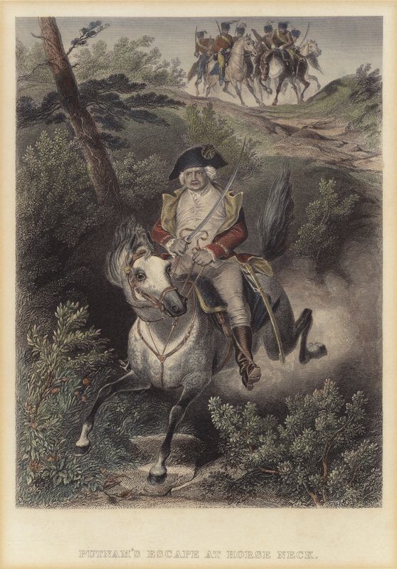 Amerikkalaisen kenraali Israel Putnamin pako brittien luota Horse Neckissä, Connecticutissa, Amerikan itsenäisyyssota tekijältä American School