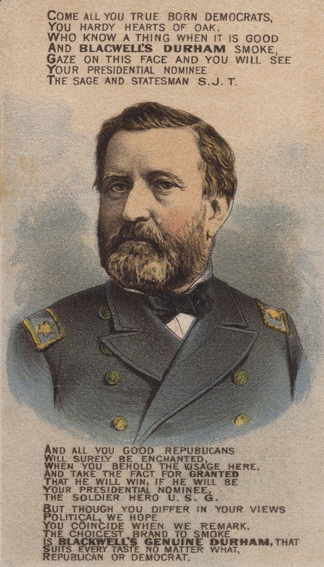 Amerikkalainen sotilas ja poliitikko Ulysses S Grant, korttimainos Blackwell Durham Bull Tobacco, 1870-luku tekijältä American School