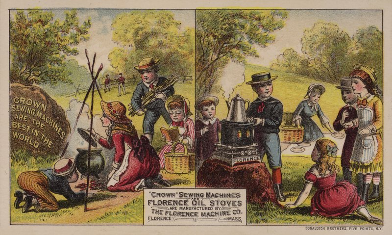 Florence Machine Companyn valmistama amerikkalainen kauppakortti, joka mainostaa ompelukoneita ja öljyliesiä, Massachusetts, 1880-luku tekijältä American School