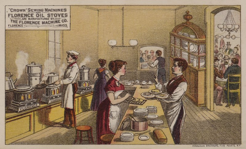 Florence Machine Companyn valmistama amerikkalainen kauppakortti, joka mainostaa ompelukoneita ja öljyliesiä, Massachusetts, 1880-luku tekijältä American School