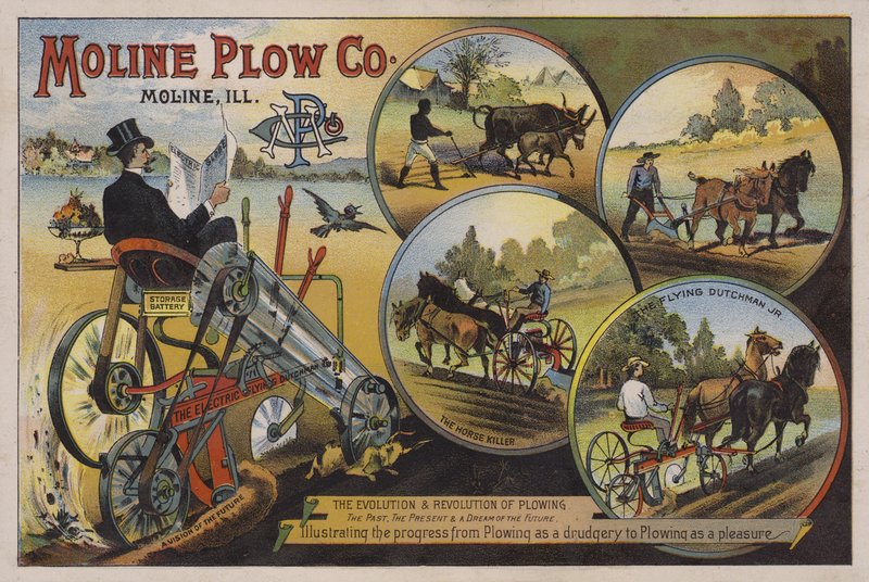 Amerikkalainen kauppakortti, joka mainostaa Moline Plough Companya, Illinois, 1880-luku tekijältä American School