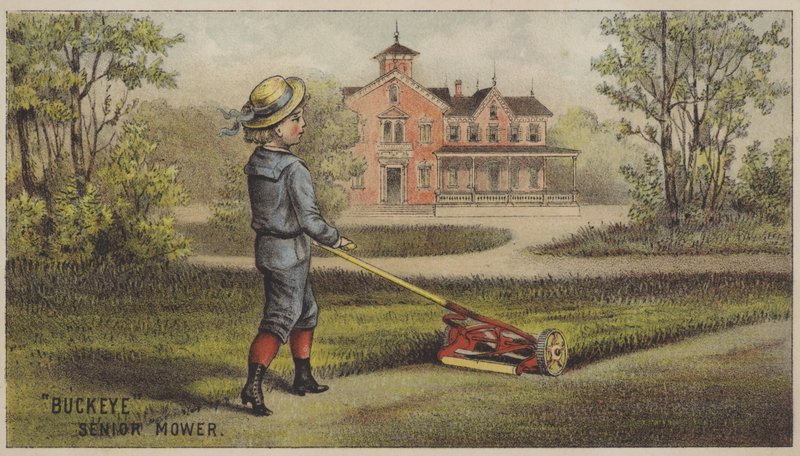 Poika leikkaa ruohoa maalaistalon ulkopuolella (chromolitho) tekijältä American School