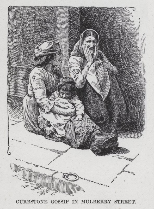 Curbstone Gossip in Mulberry Street (litho) tekijältä American School