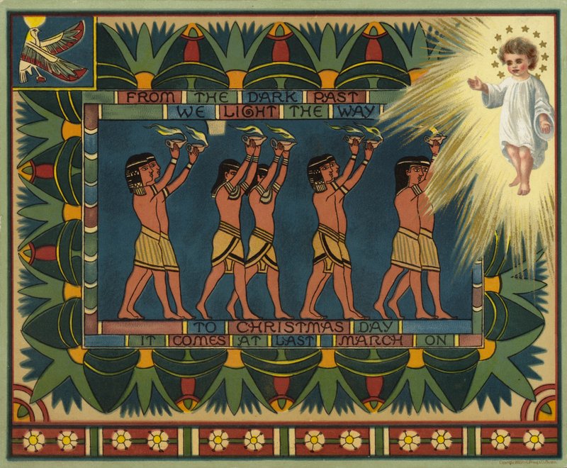 Egyptiläinen joulukortti, jossa kuvataan, miten menneisyys johti Jeesukseen Kristukseen (värilitografia). tekijältä American School