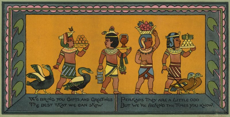 Egypti-teemainen joulukortti (väri litho) tekijältä American School