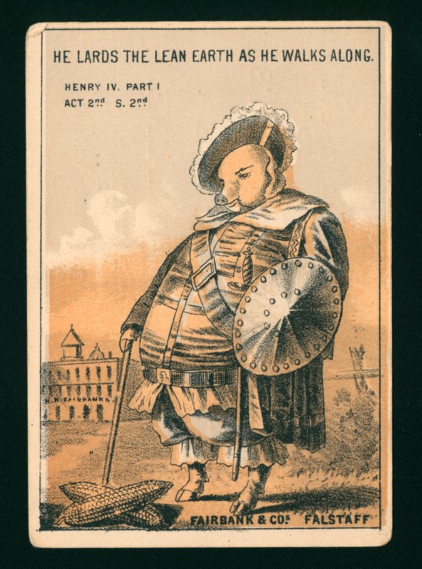 Falstaff, Shakespearen teoksesta Henrik IV osa 1 (värilitografia). tekijältä American School
