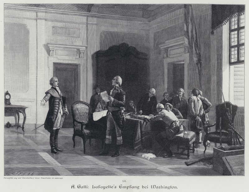 George Washington toivottaa Marquis de Lafayetten tervetulleeksi (kaiverrus) tekijältä American School