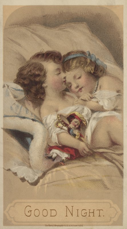 Hyvää yötä, lapset nukkumassa sängyssä (chromolitho) tekijältä American School