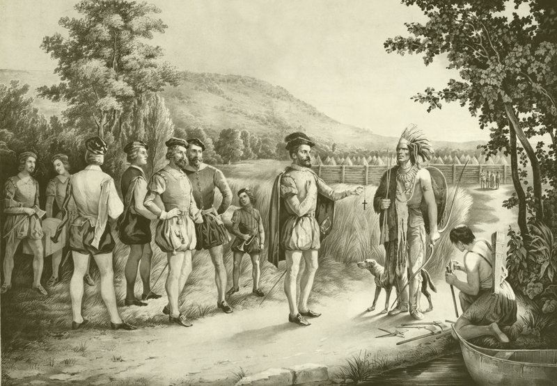 Jacques Cartier, hänen ensimmäinen haastattelunsa intiaanien kanssa Hochelagassa, nyt Montrealissa vuonna 1535, noin 1850 tekijältä American School