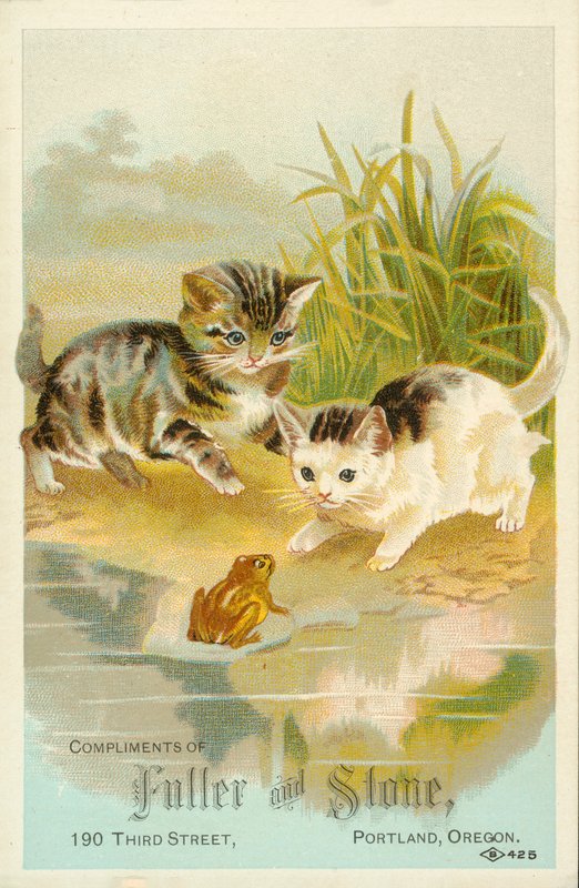 Kissanpennut tapaavat sammakon (chromolitho) tekijältä American School