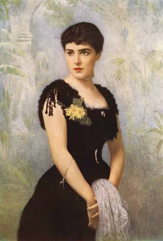 Lady Randolph Spencer-Churchill, s. neiti Jennie Jerome New Yorkista, joka meni naimisiin Lord Randolph Spencer-Churchillin kanssa (värilitho) tekijältä American School